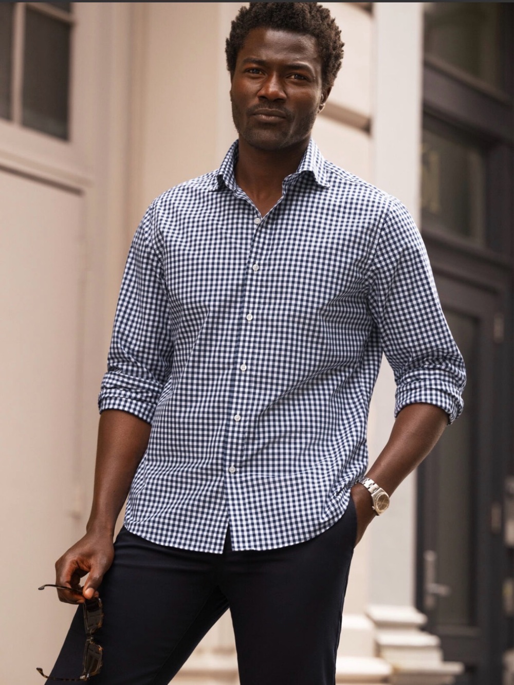 Theory Navy and White Gingham Button-Down Shirt - Modern Fit